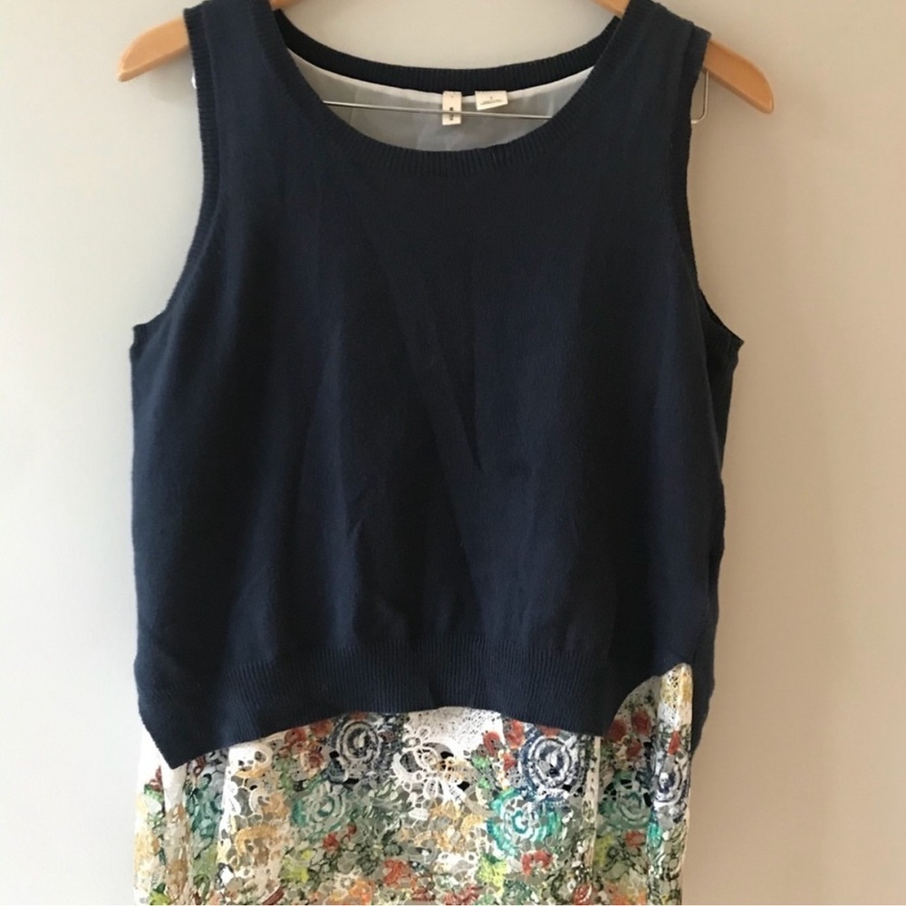 Anthropologie Moth Blue Knit Lace Hem Sweater Vest, Size Small